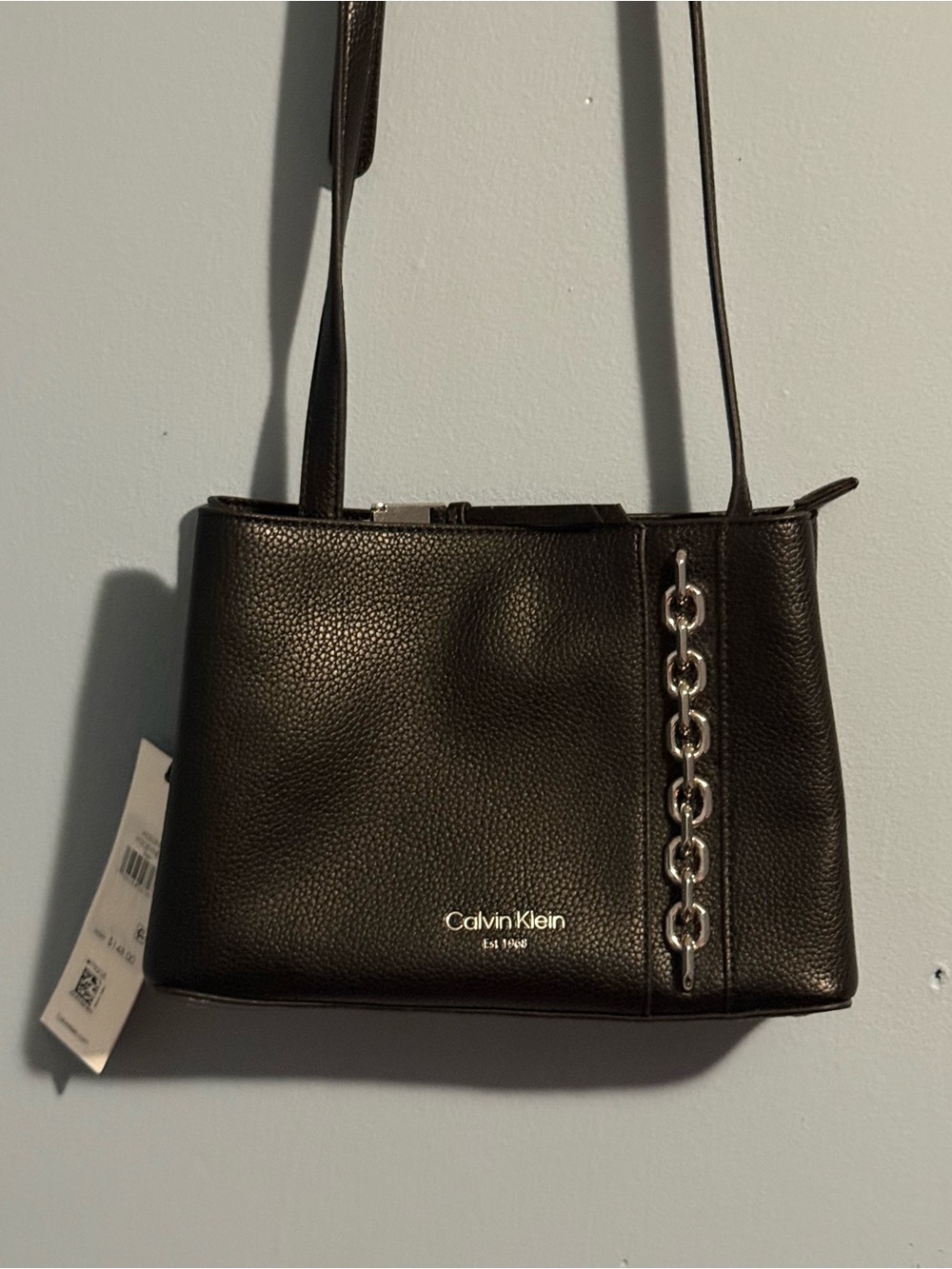 Calvin Klein Black Pebbled Leather Crossbody with Chain Accent